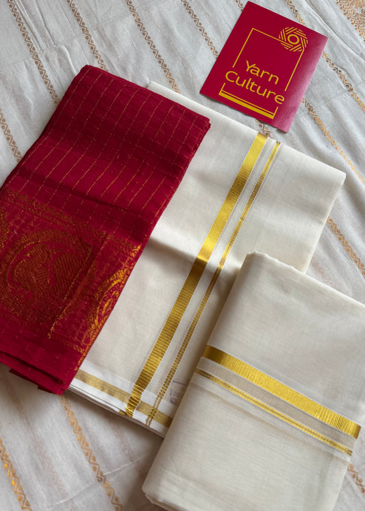 Set mund, handwoven from Chendamangalam looms, ivory and gold - YCIEON146