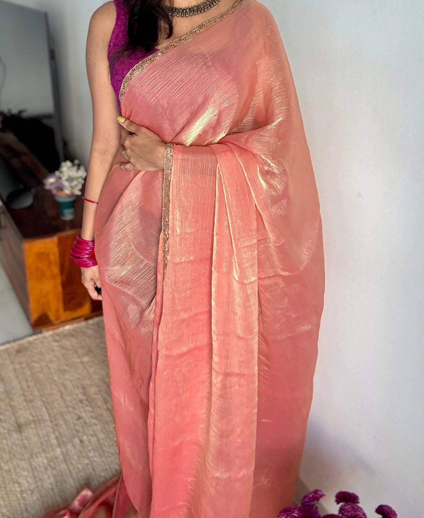 Peach Affair - peach pink hues, metallic dual tone space silk, embellished border - YCDOSDE60