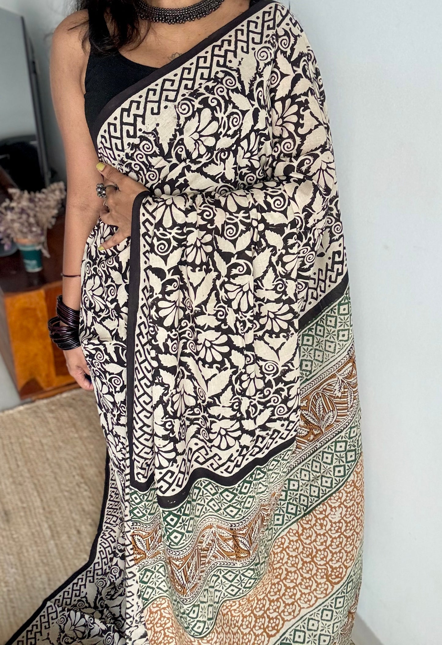 Raah - black and white to earthy brown, half half pattern, block print, soft cotton - YCWOTDNOBP93