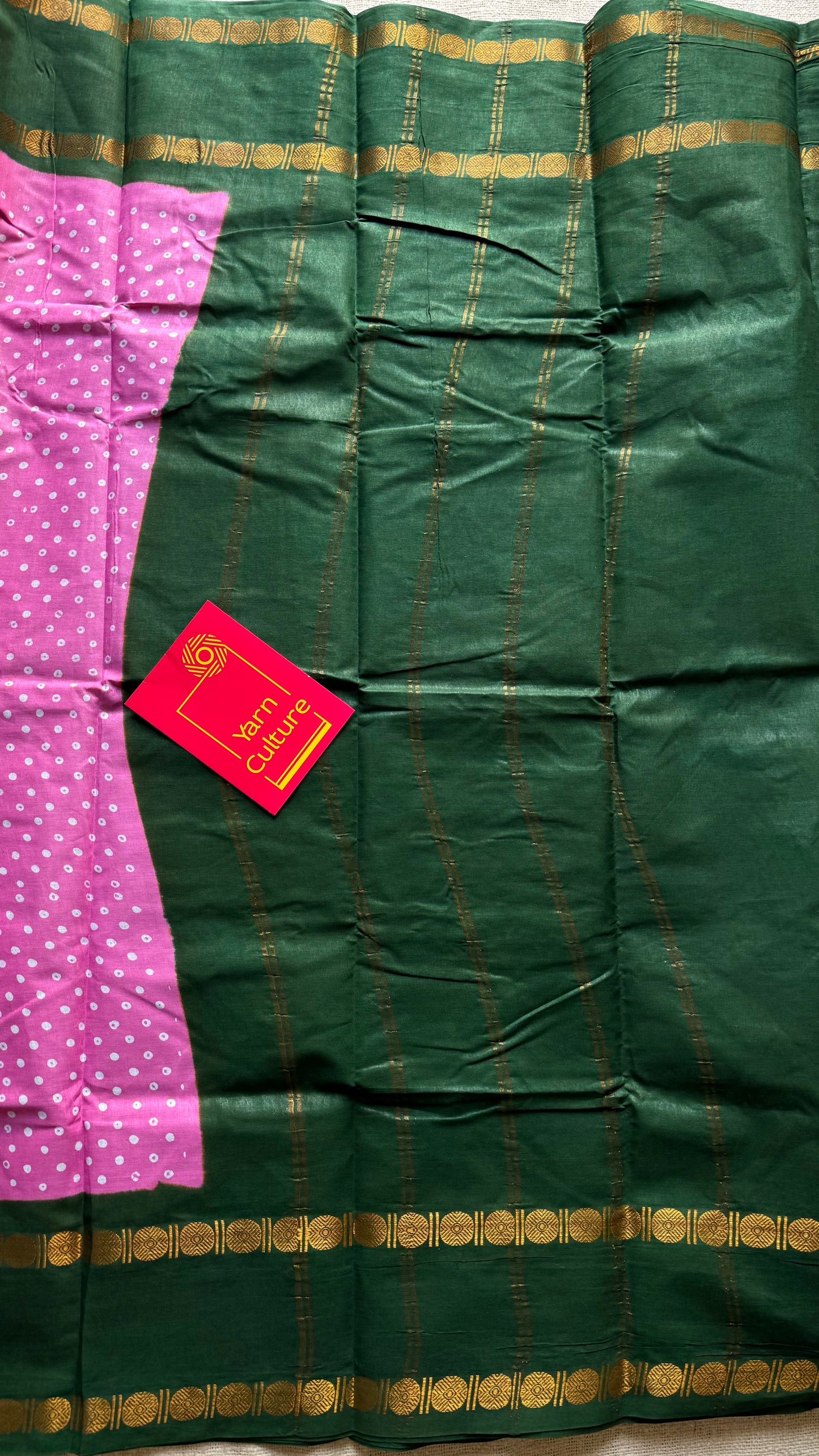 Baby pink with green printed sungudi, madurai cotton - YCCOTNSUDE102