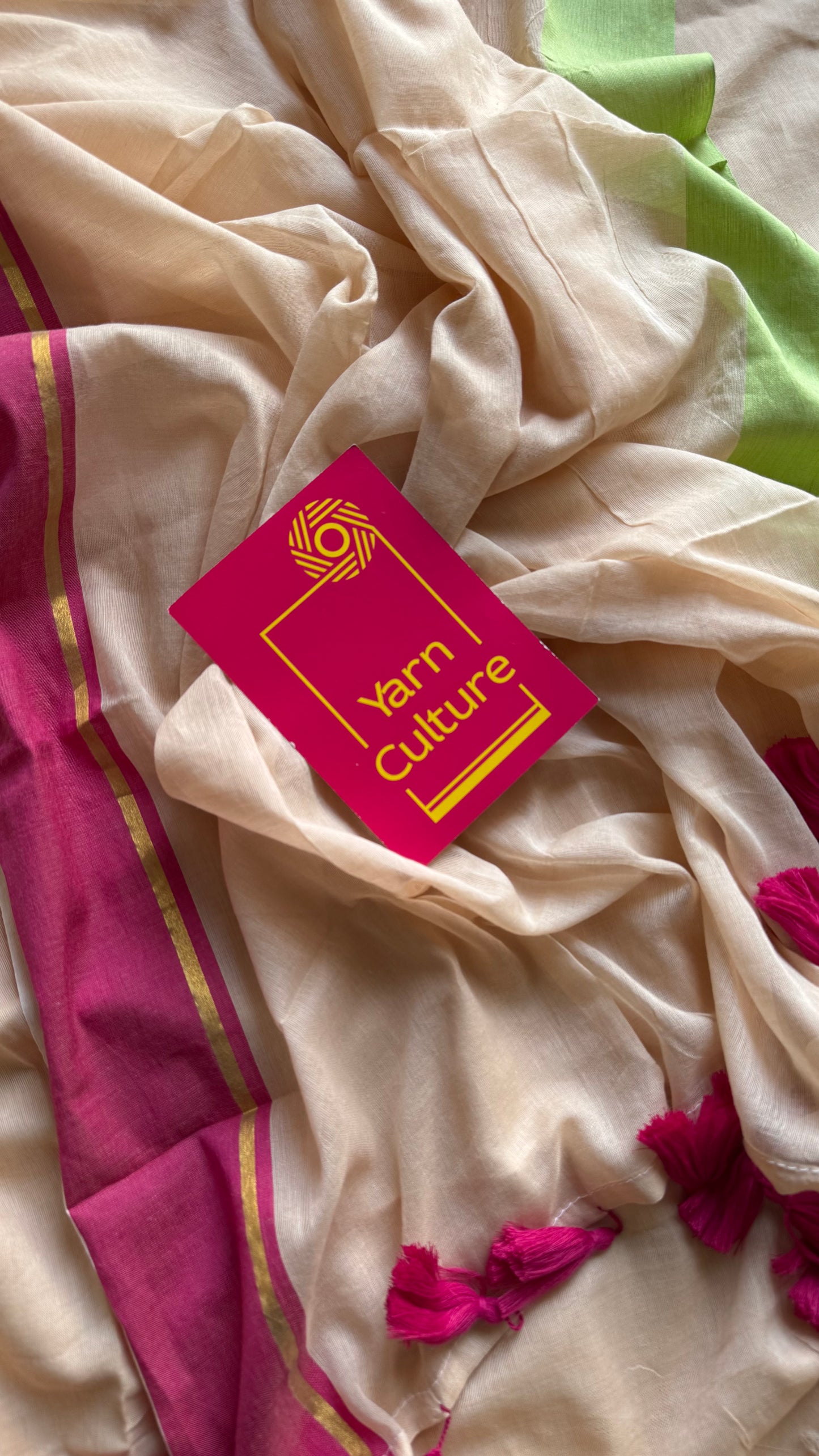 Sandal mul saree with pink and pista green borders - YCBCMCFE292