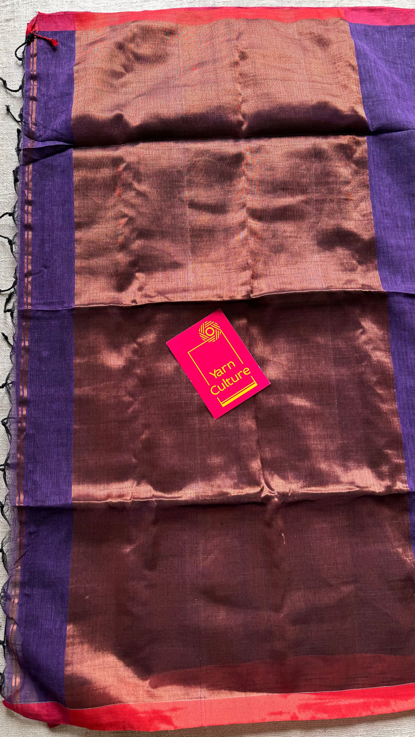Purple plain linen by cotton saree with copper zari pallu - YCBCLCFE396