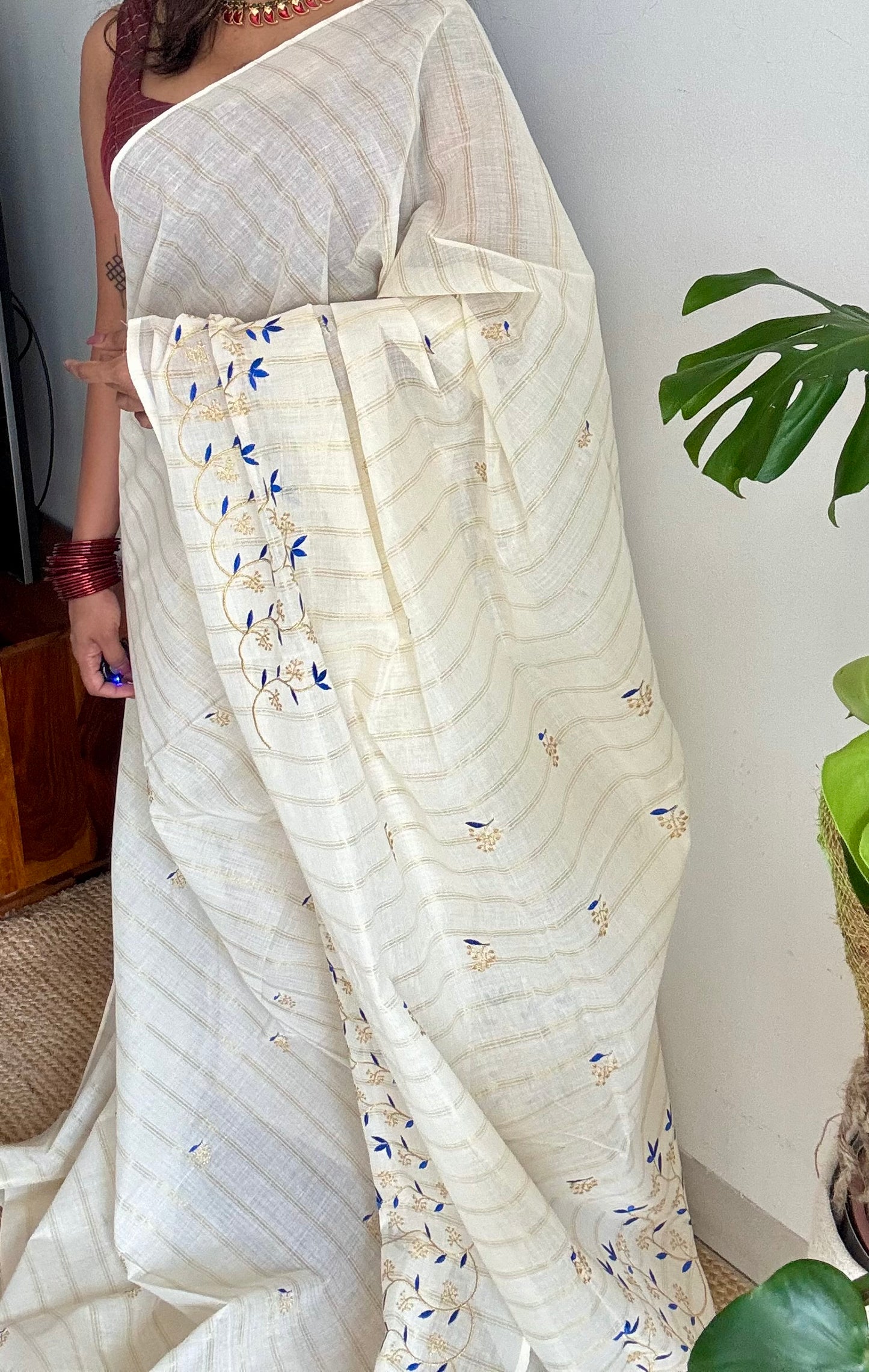 Ivory and gold soft cotton saree, blue floral vine embroidery  - YCIEON55