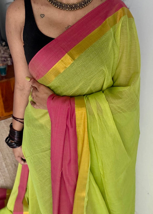 Lime green with contrast dark pink border, gold zari - YCBCMCLSE13