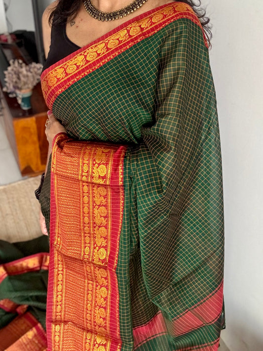 Dark green checks with zari border, premium narayanpet, soft cotton - YCWOTDOCNP01