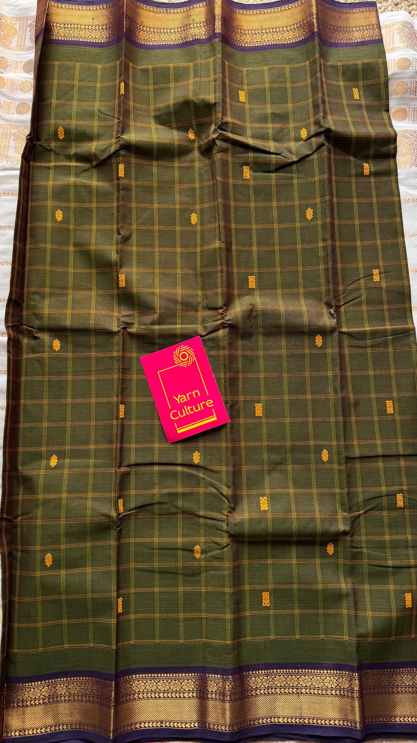 Dark green and purple contrast, checkered Chettinad cotton saree - YCCOTNMA265