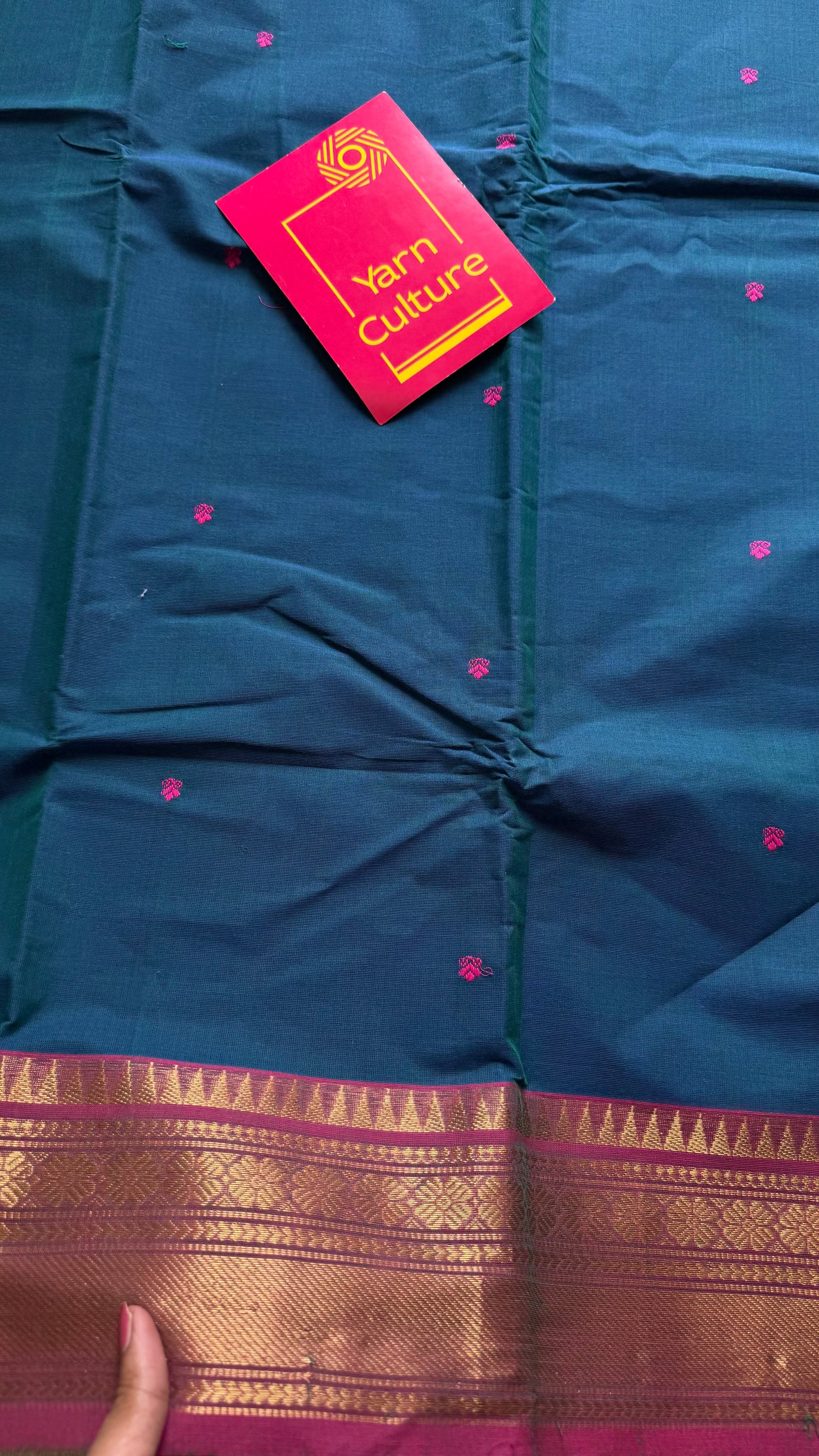 Kanchi cotton saree, peacock blue with dark pink border - YCCOTNAP86