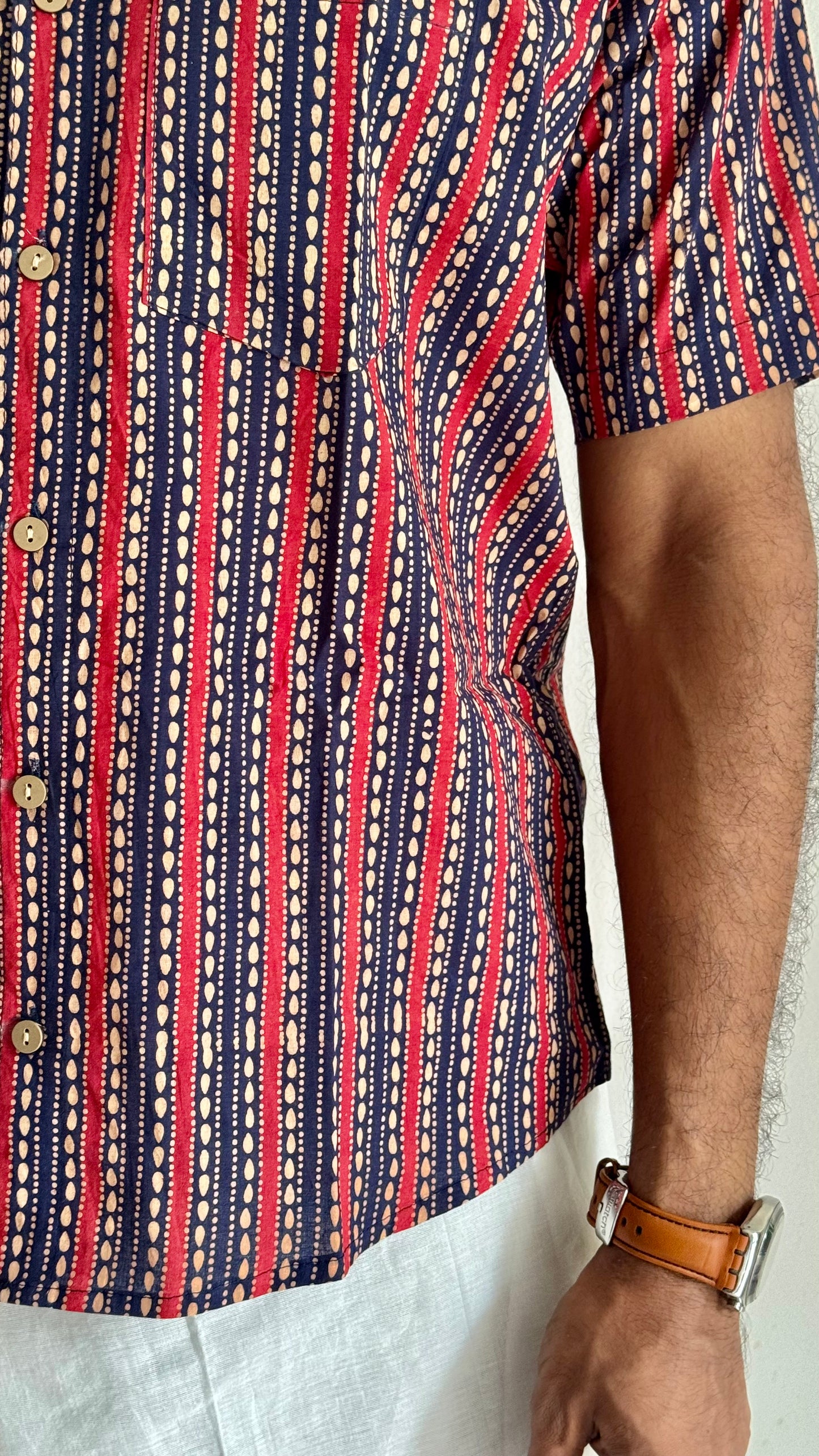 Dark Blue & Red Striped Block Printed Cotton Men's Half Sleeve Mandarin Collar Kurta Shirt - YCMSEIE185
