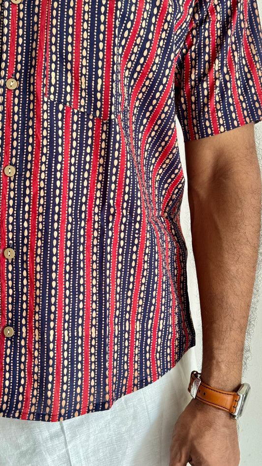 Dark Blue & Red Striped Block Printed Cotton Men's Half Sleeve Mandarin Collar Kurta Shirt - YCMSEIE185