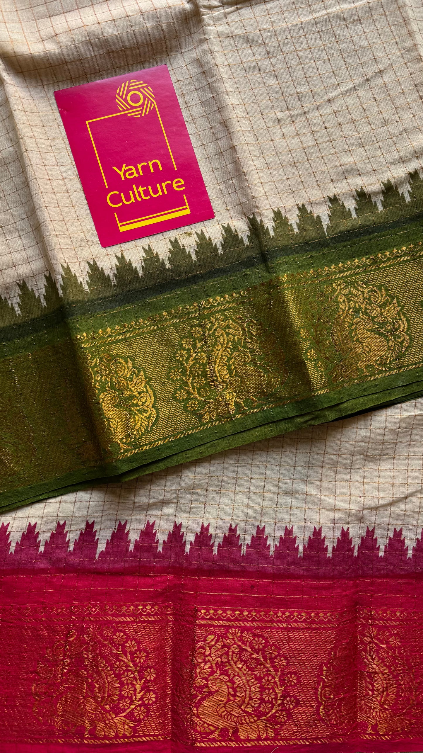 Sungudi cotton checks, ivory gold base, green and red dual tone border, soft cotton - YCCOTNGJJA176