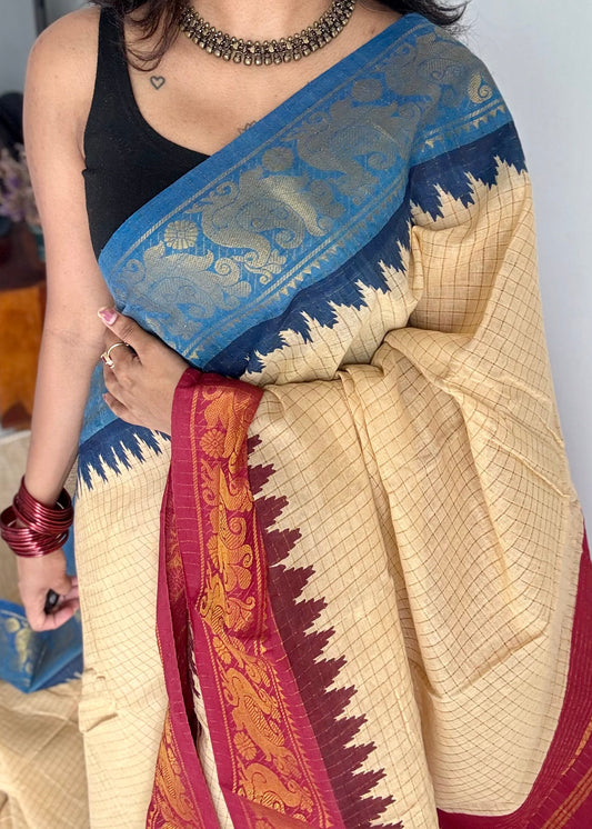 Blue - maroon sungudi cotton checks, sandal colour base, soft cotton - YCCOTNJSUN02