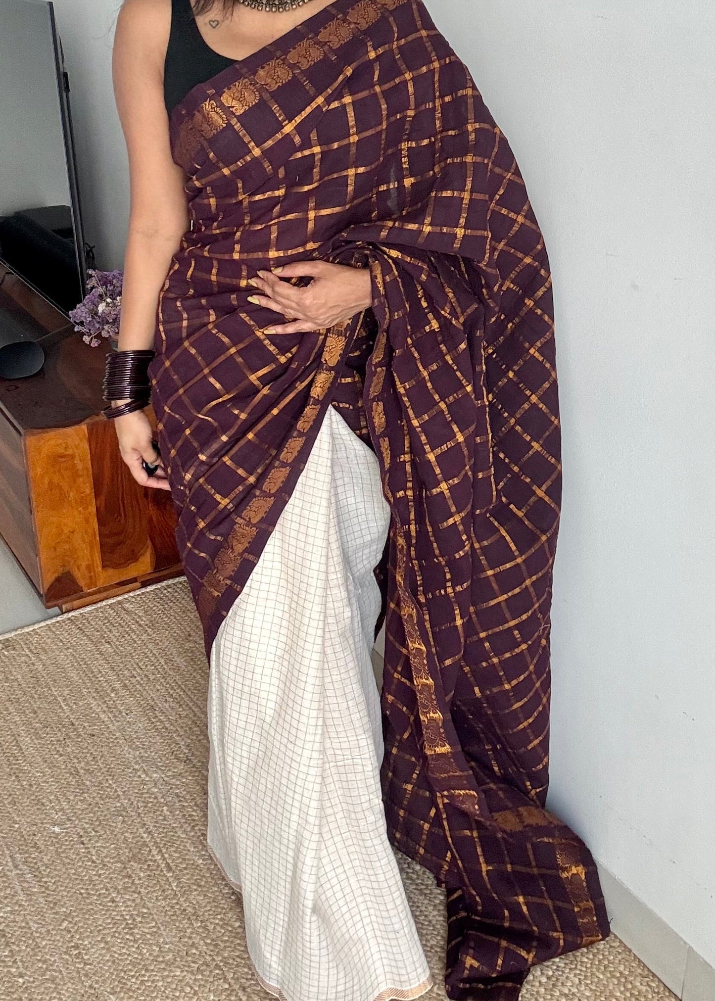 Brown with ivory, sungudi cotton half-half saree - YCCOTNMSFE370