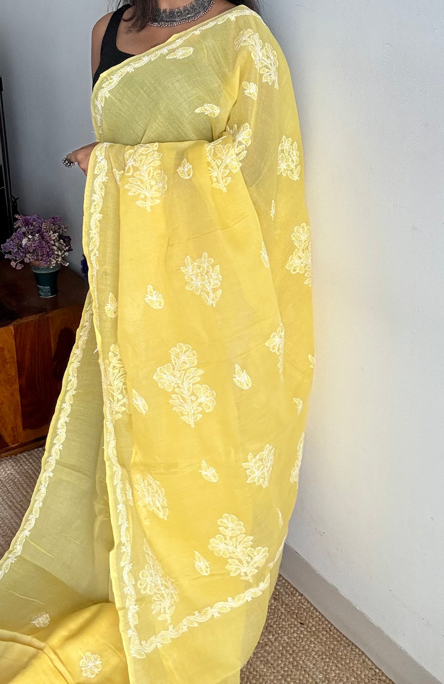 Roshni - canary yellow hand-embroidered chikankari cotton saree - YCLCKFE420