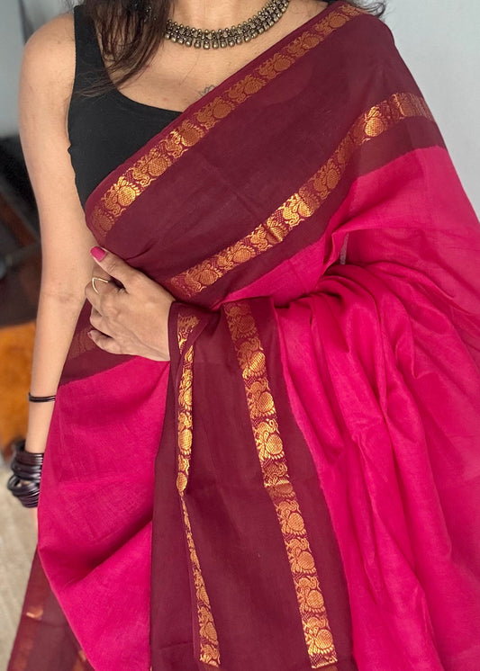 Dark pink with dark maroon sungudi, kattuchayam dyed, madurai cotton - YCCOTNOCSC14