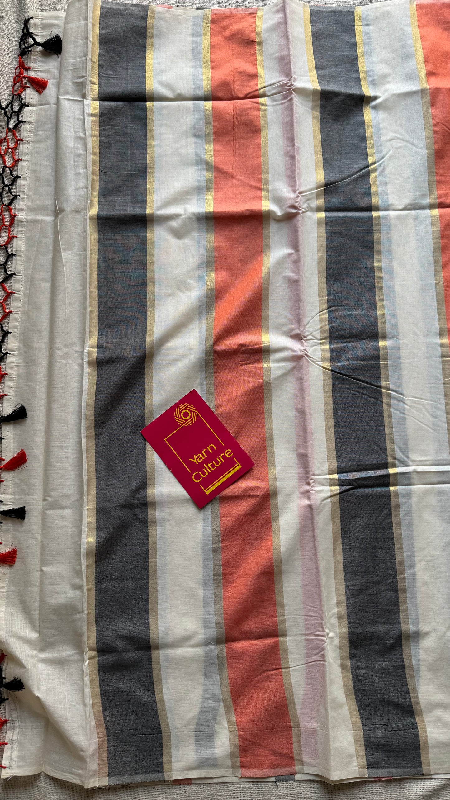 Ivory Kerala cotton saree with peach and dark grey stripes - YCIEKCFE305