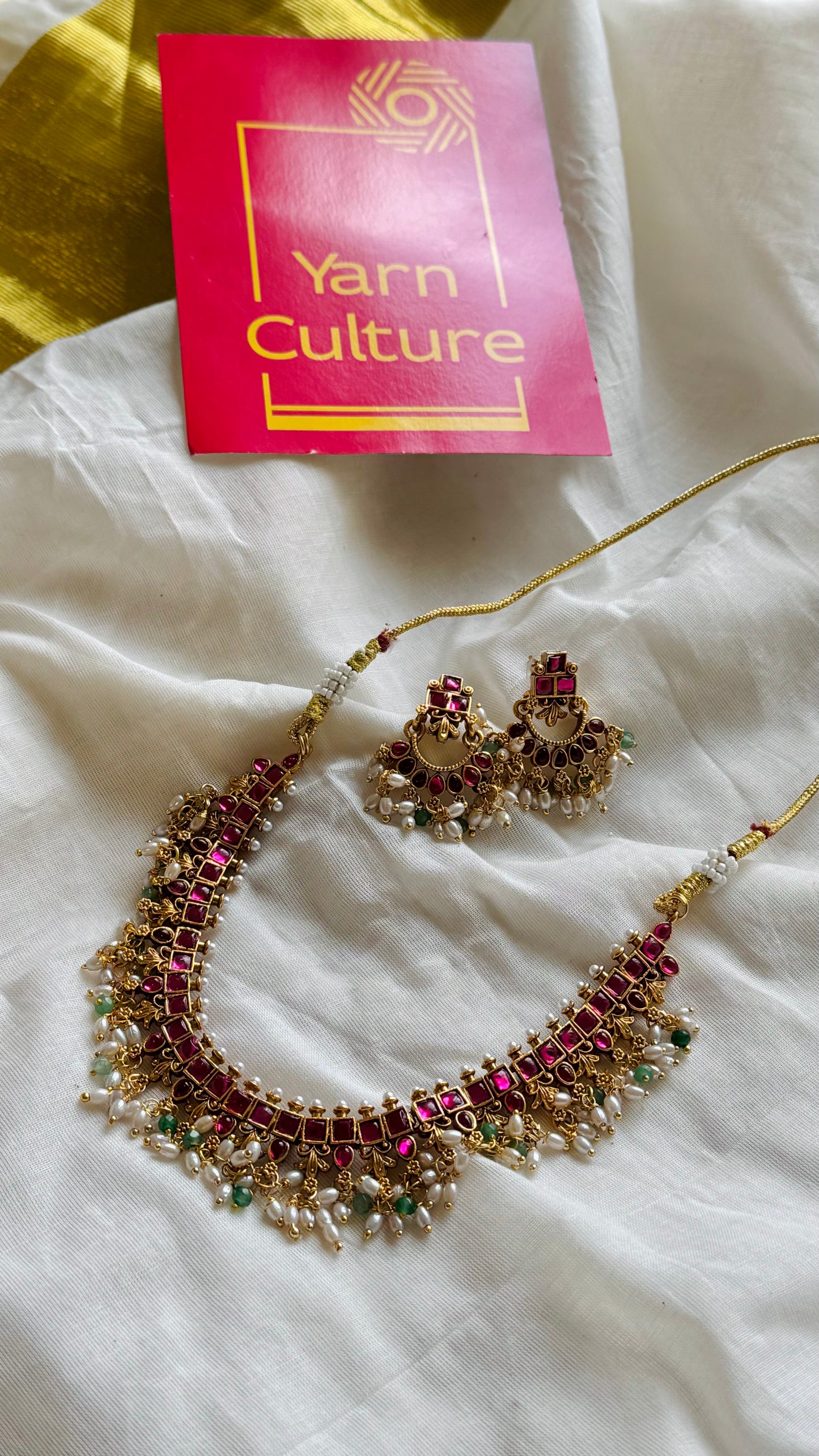 Ruby green necklace with rice pearl drops, with earrings - YCGPNP735