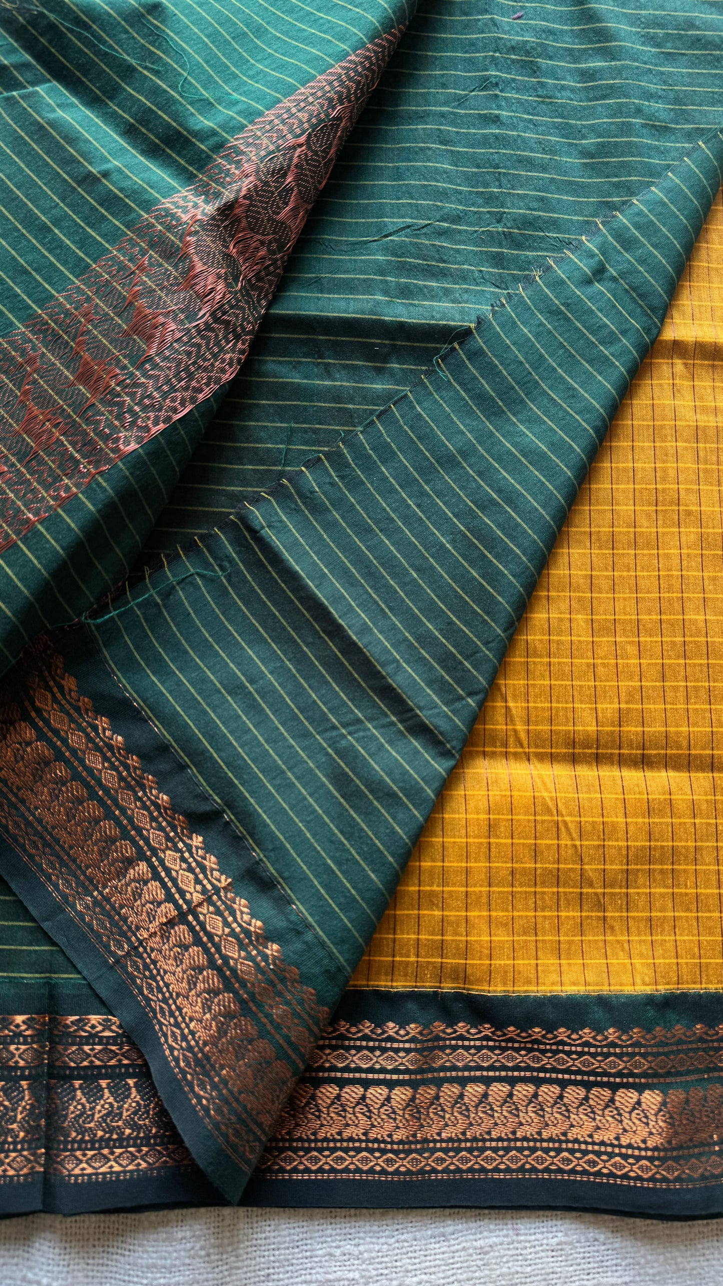 Mustard yellow with dark green checkered saree, cotton silk - YCCOTNKCFE67