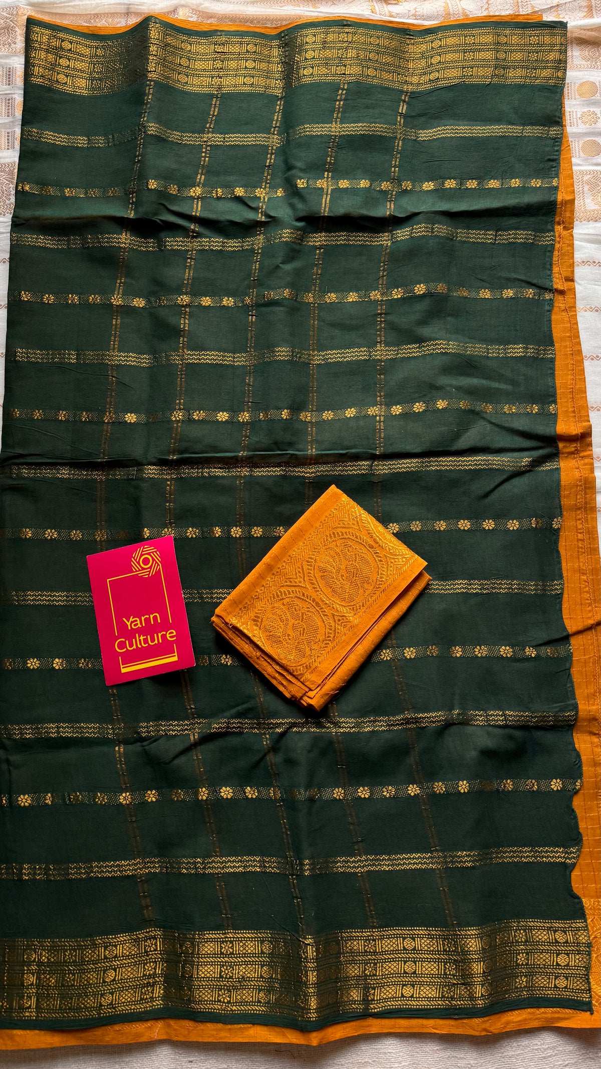 Dark green with yellow, sungudi cotton half-half saree - YCCOTNIDOC22