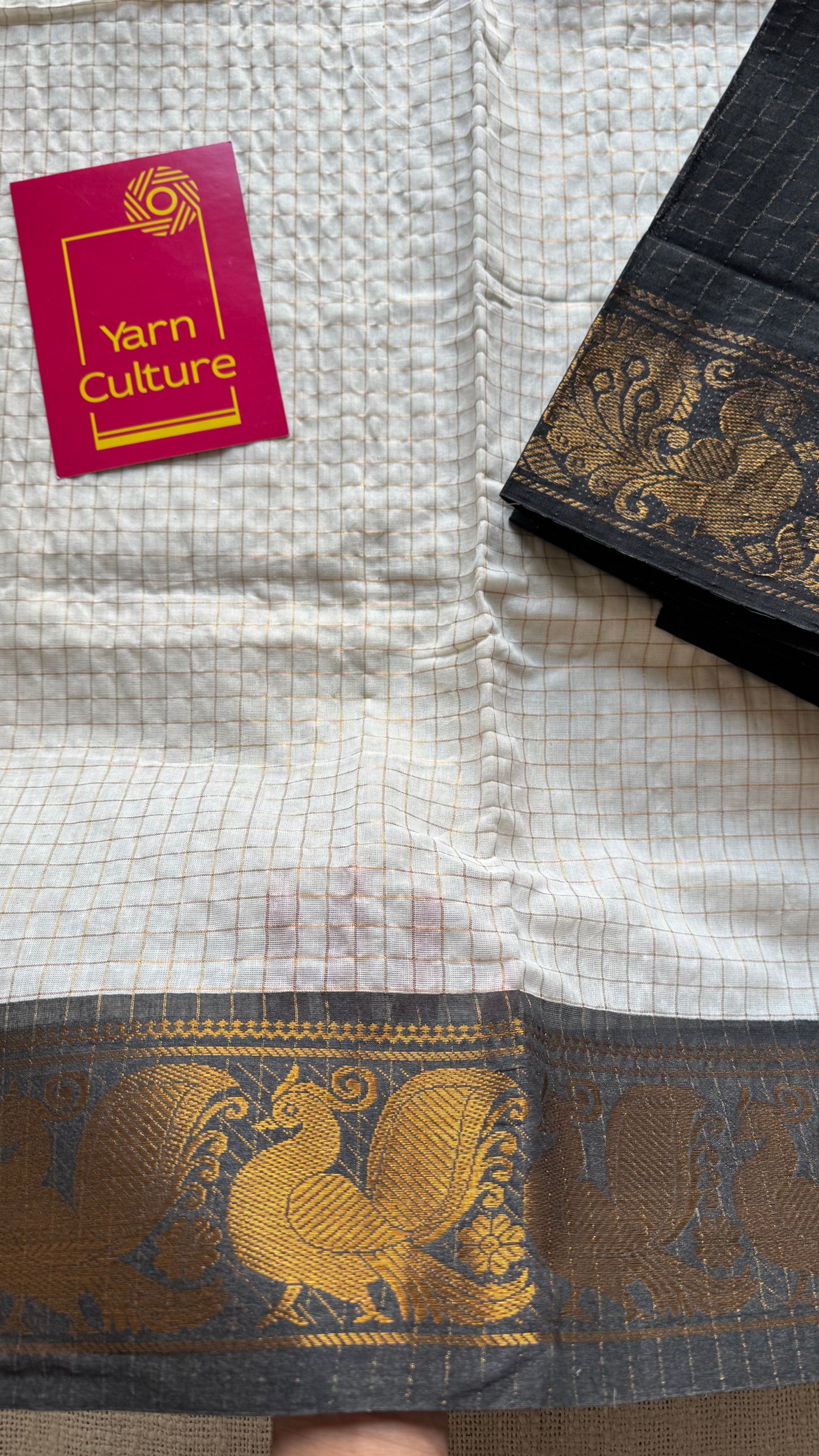 Sungudi cotton checks, ivory gold base, red and black dual tone border, soft cotton - YCCOTNGJJA159