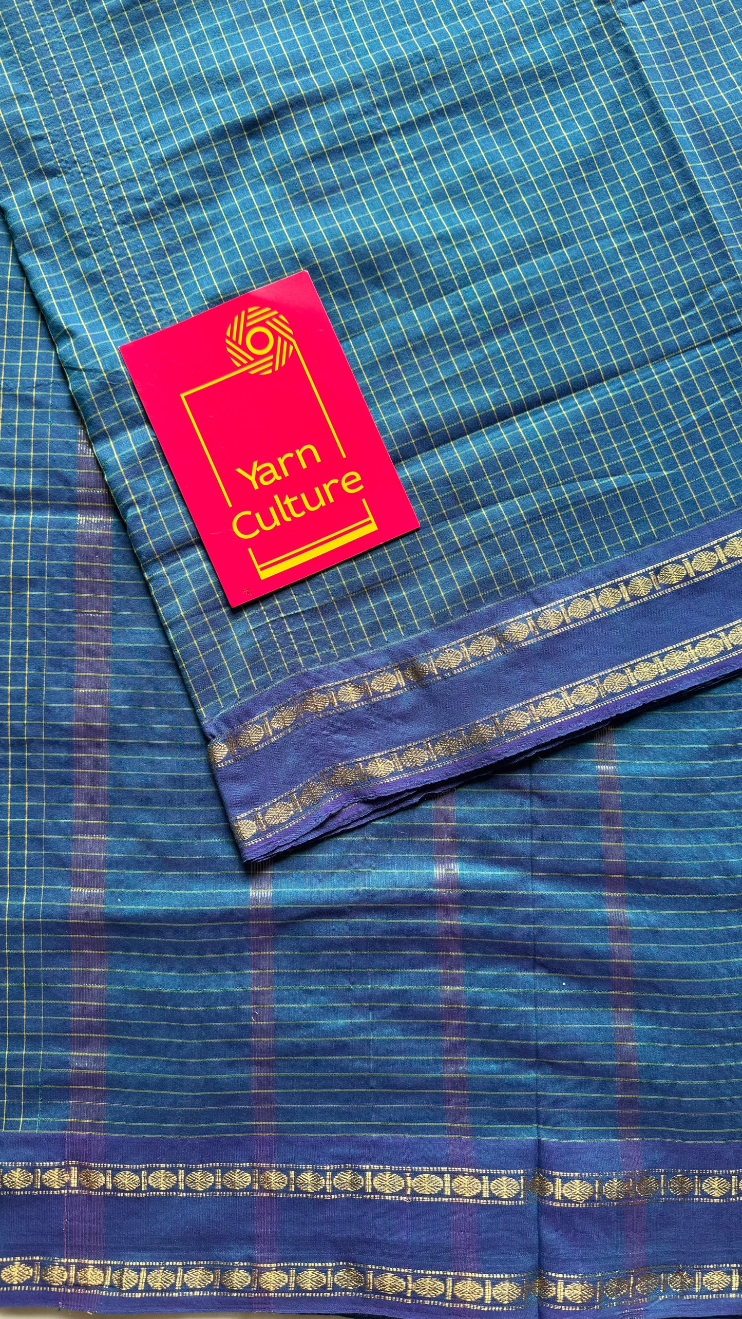 Peacock blue, arani checks saree, cotton silk - YCCOTNAUG21