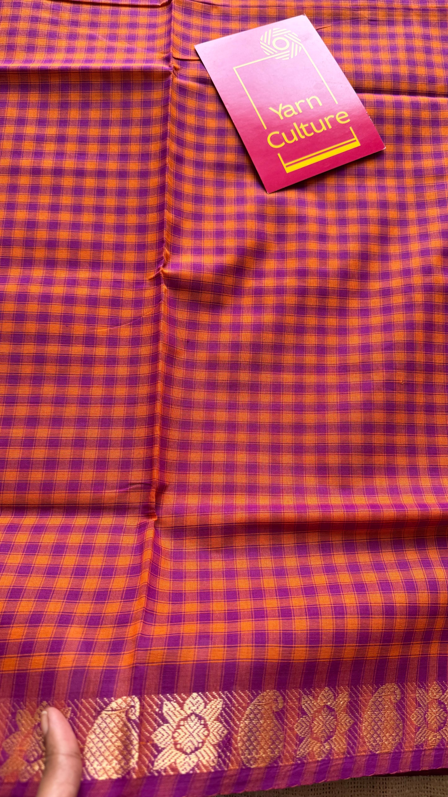 Magenta Chettinad cotton saree with orange checks - YCCOTNCCFE146