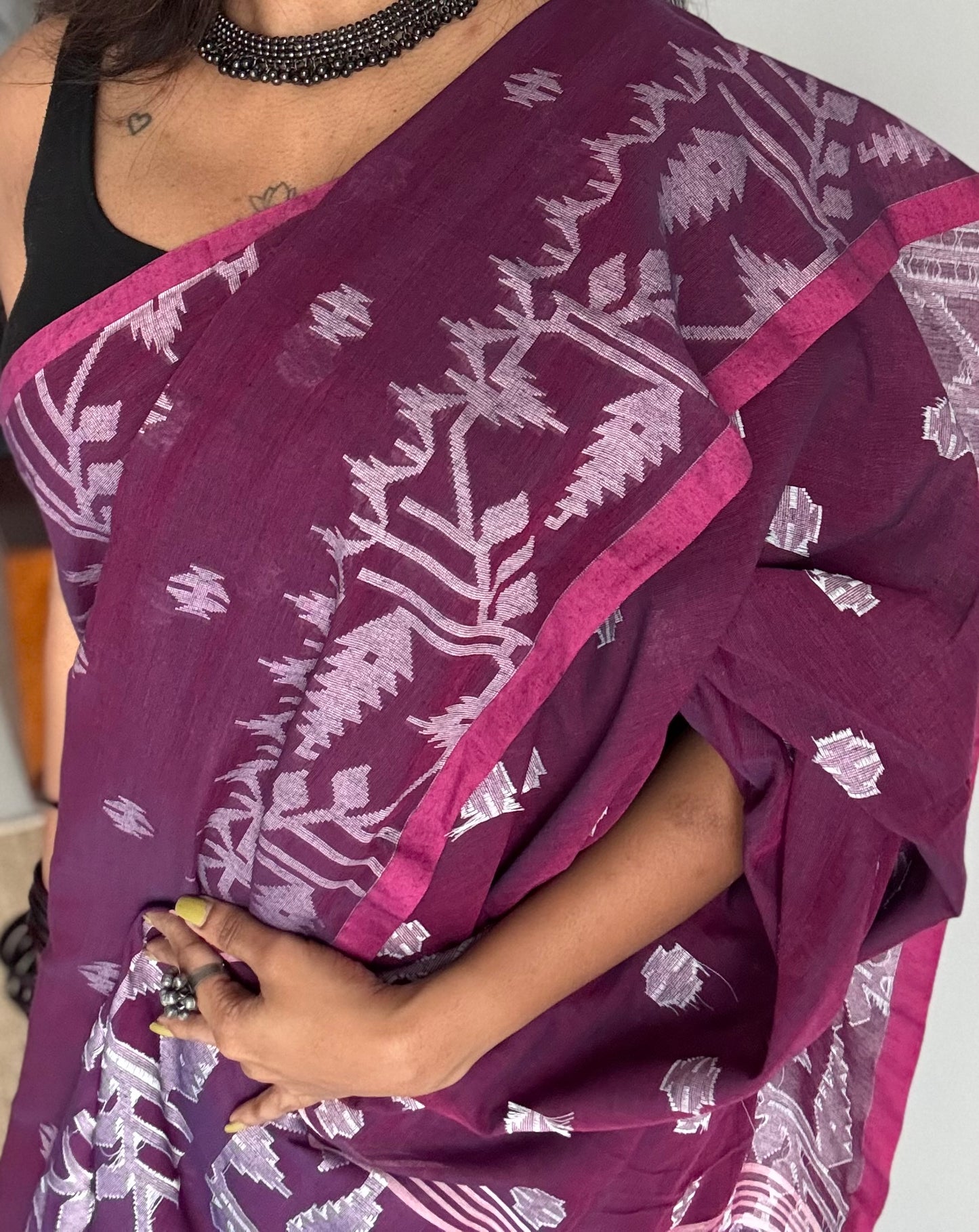 Purple double tone jamdani in soft cotton - YCBCKJJA138