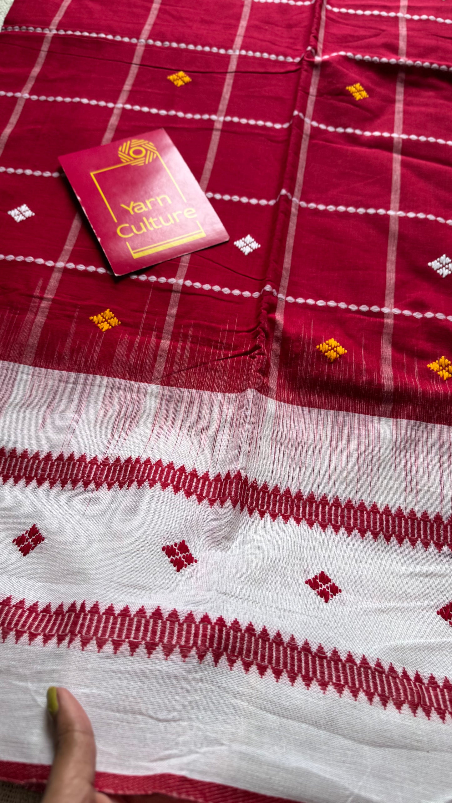 Pure Dhaniakhali tant in white with red checks - YCBCDP21