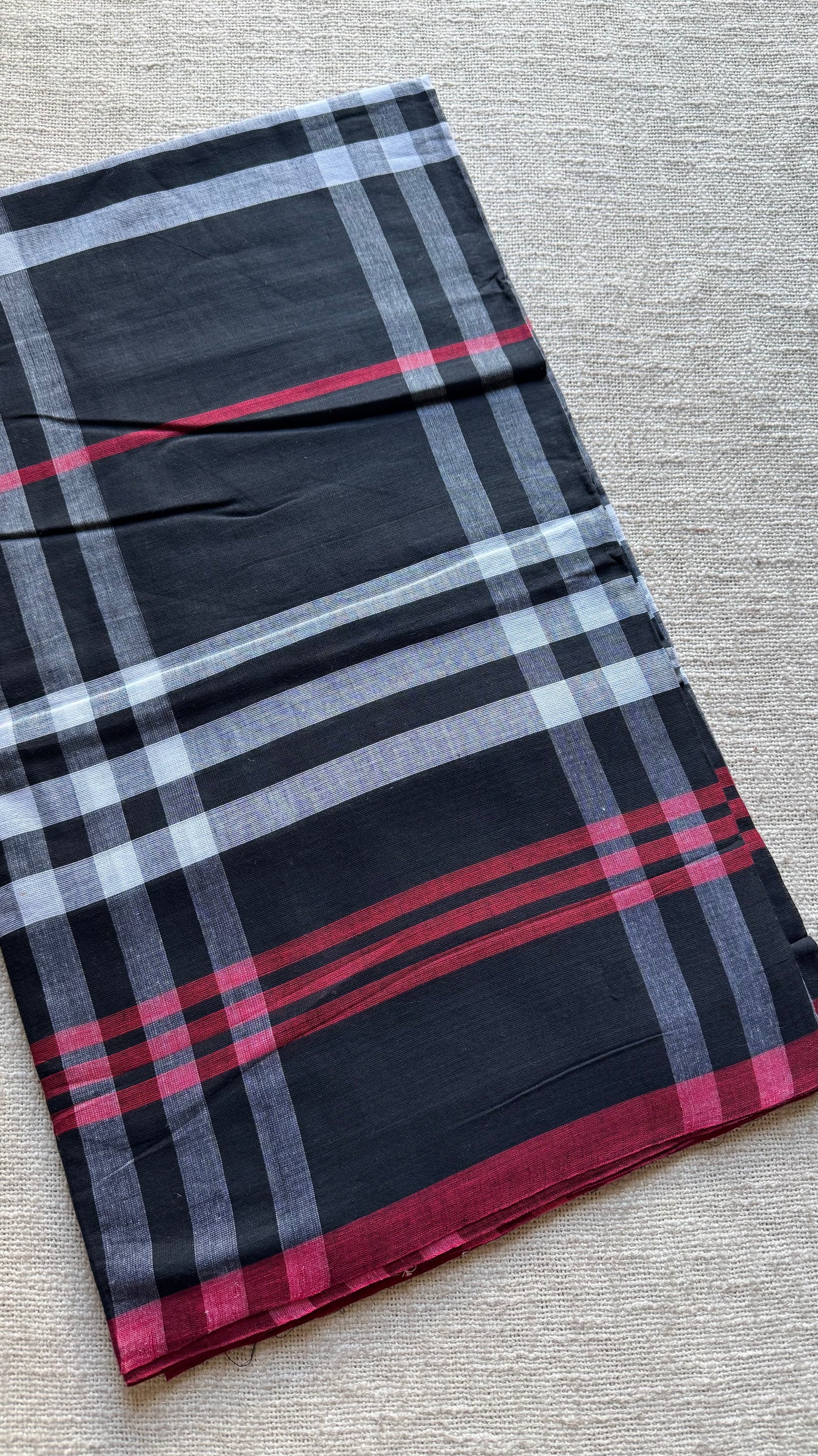 Dhonekhali handloom soft cotton saree, black with white and red big checks - YCBCDFE248