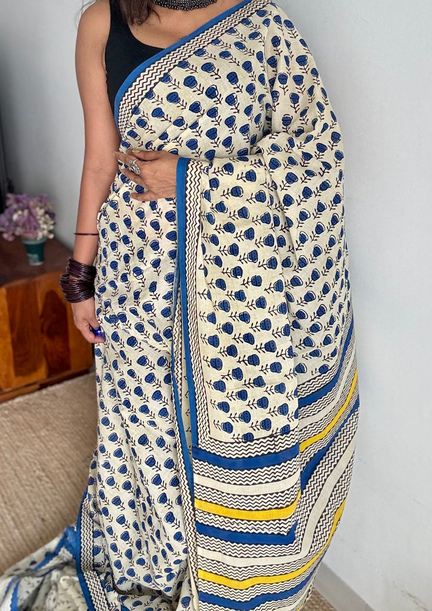 Beige with blue flowers, block printed soft cotton saree -YCTORCMA09