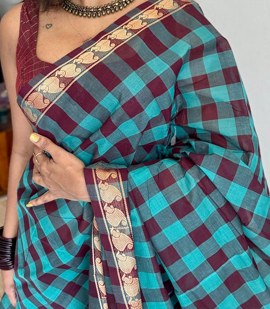 Multicolour Chettinad cotton saree with Paalum Pazhamum checks (Aqua Blue, Cyan & Brown) - YCCOTNCCFE151