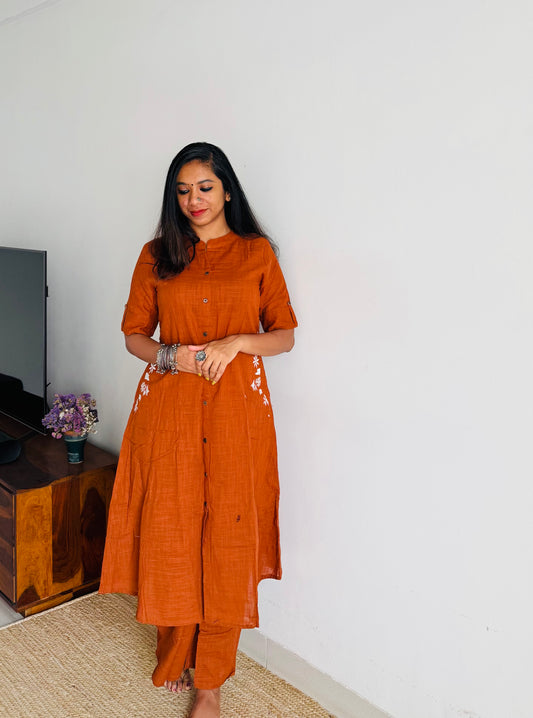 Brown cotton collared stitched kurta co-ord set, elbow sleeves - YCSEBPSFE246