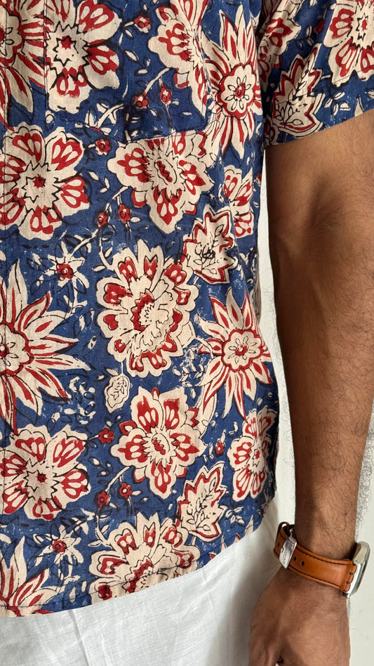 Indigo Floral Block Printed Cotton Men's Half Sleeve Mandarin Collar Kurta Shirt - YCMSEIE189