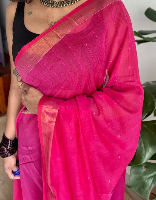 Hot pink mul cotton saree with sequins and zari border - YCBCMCSE34