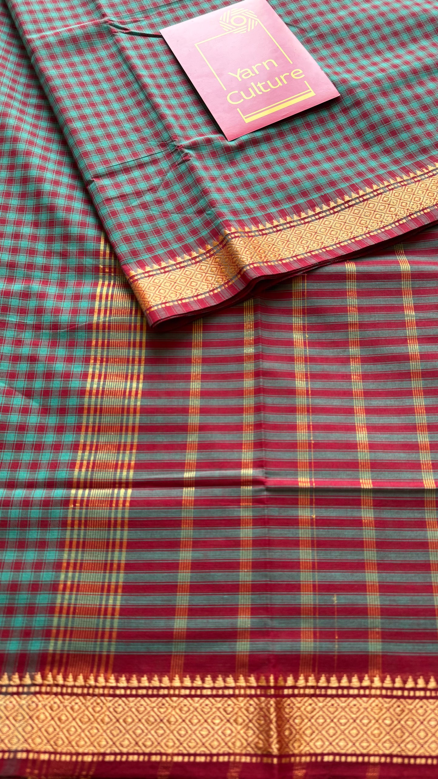 Blue Chettinad cotton saree with maroon checks - YCCOTNCCFE145