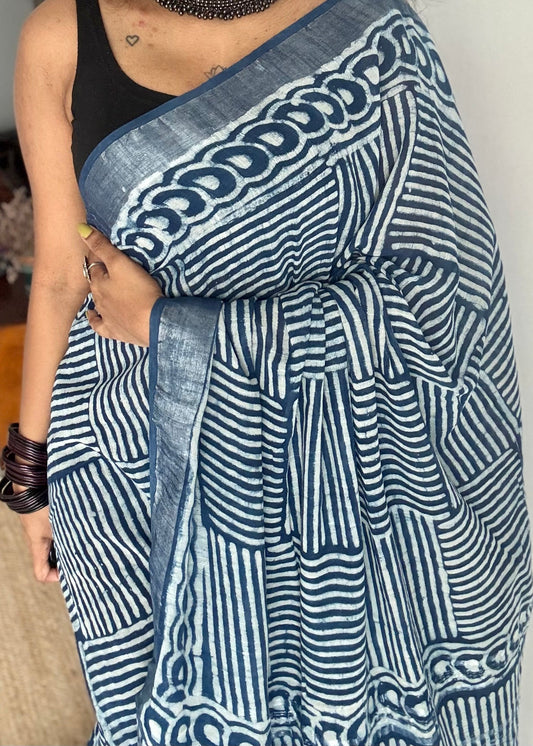 Indigo linen, silver zari border - YCTOROCBP56