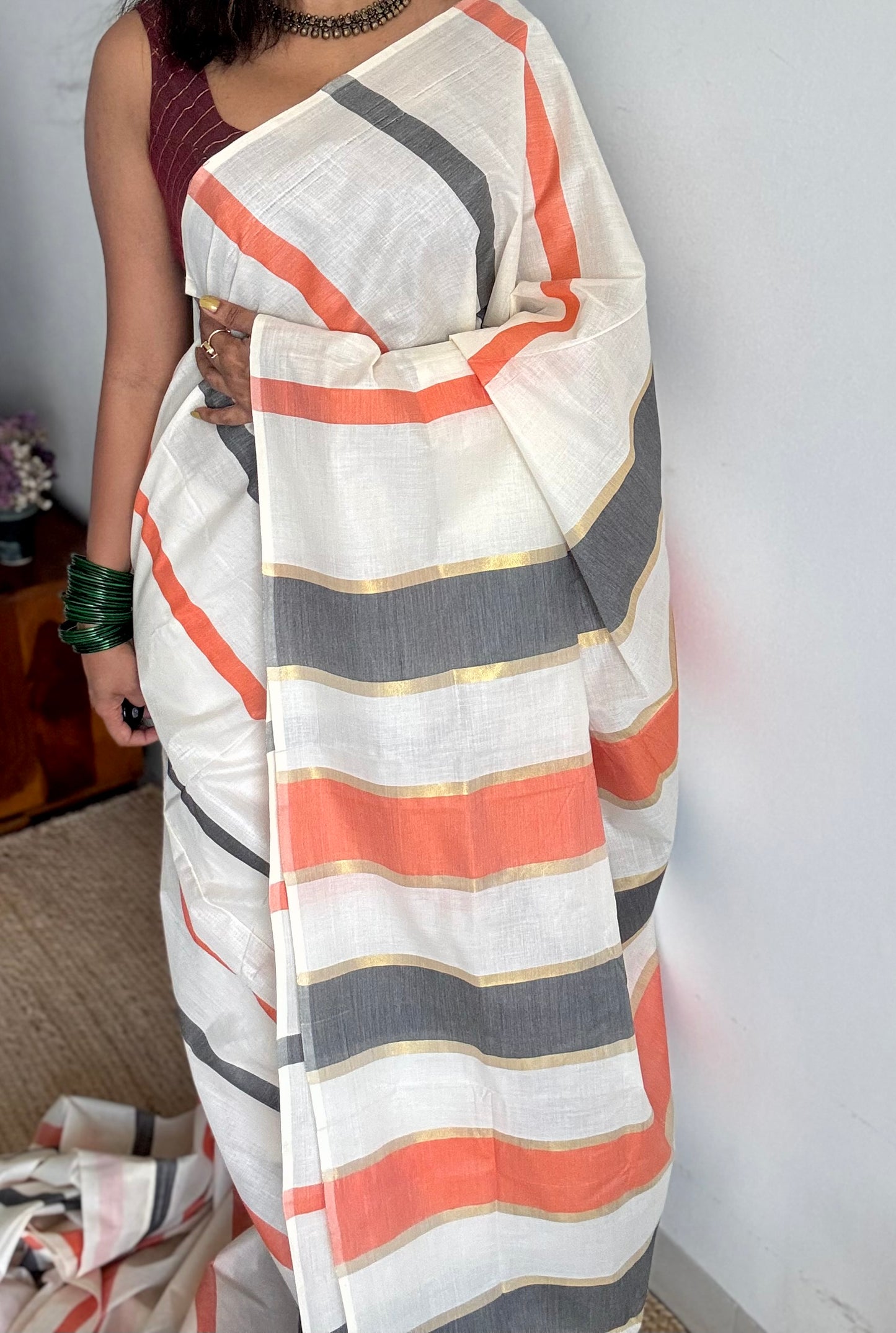 Ivory Kerala cotton saree with peach and dark grey stripes - YCIEKCFE305