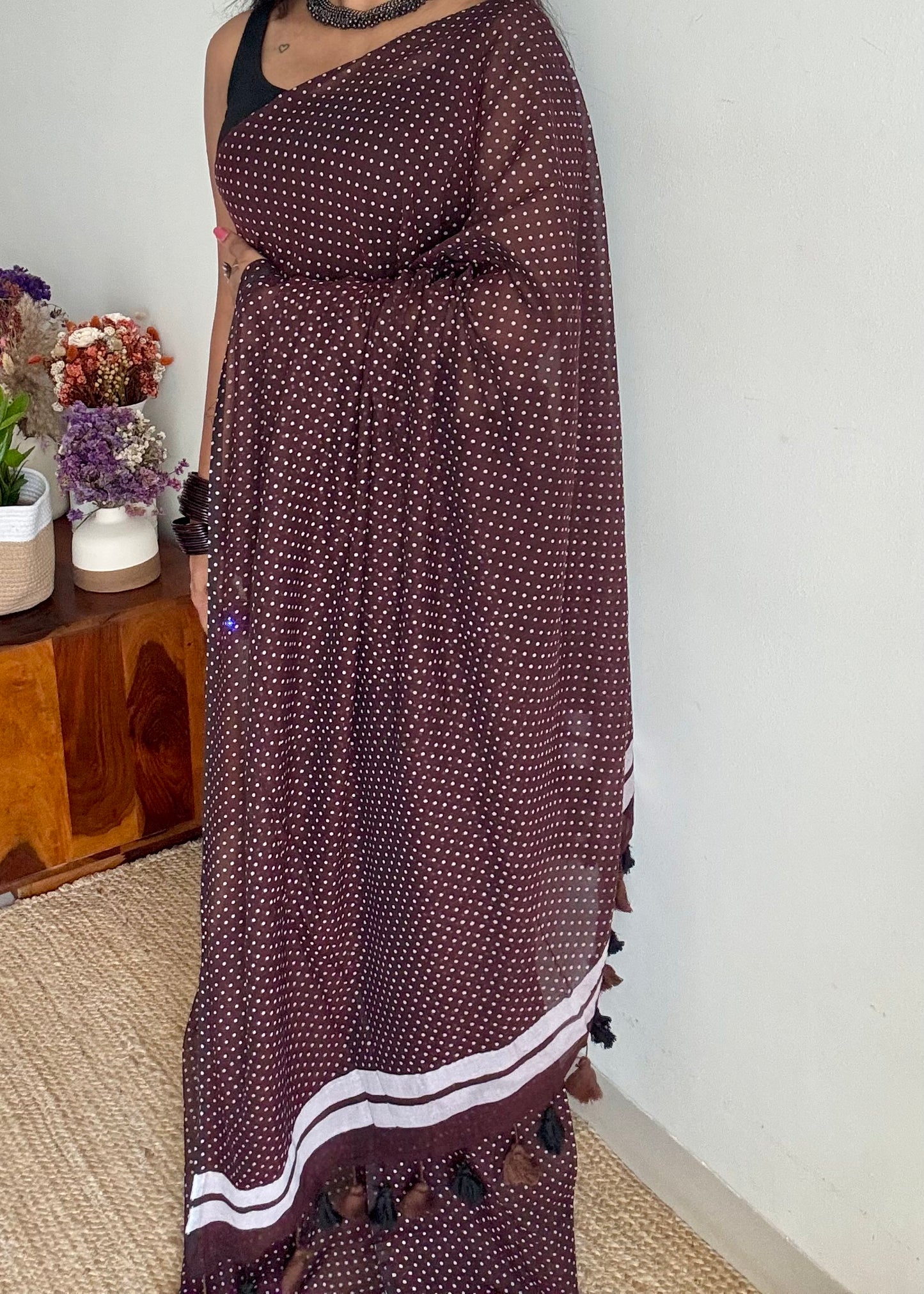 Brown with white polka dots mul cotton saree  - YCBCMCAP54