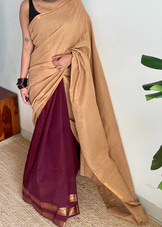 Cream and maroon, sungudi and chettinad cotton half-half saree - YCCOTNIDOC27