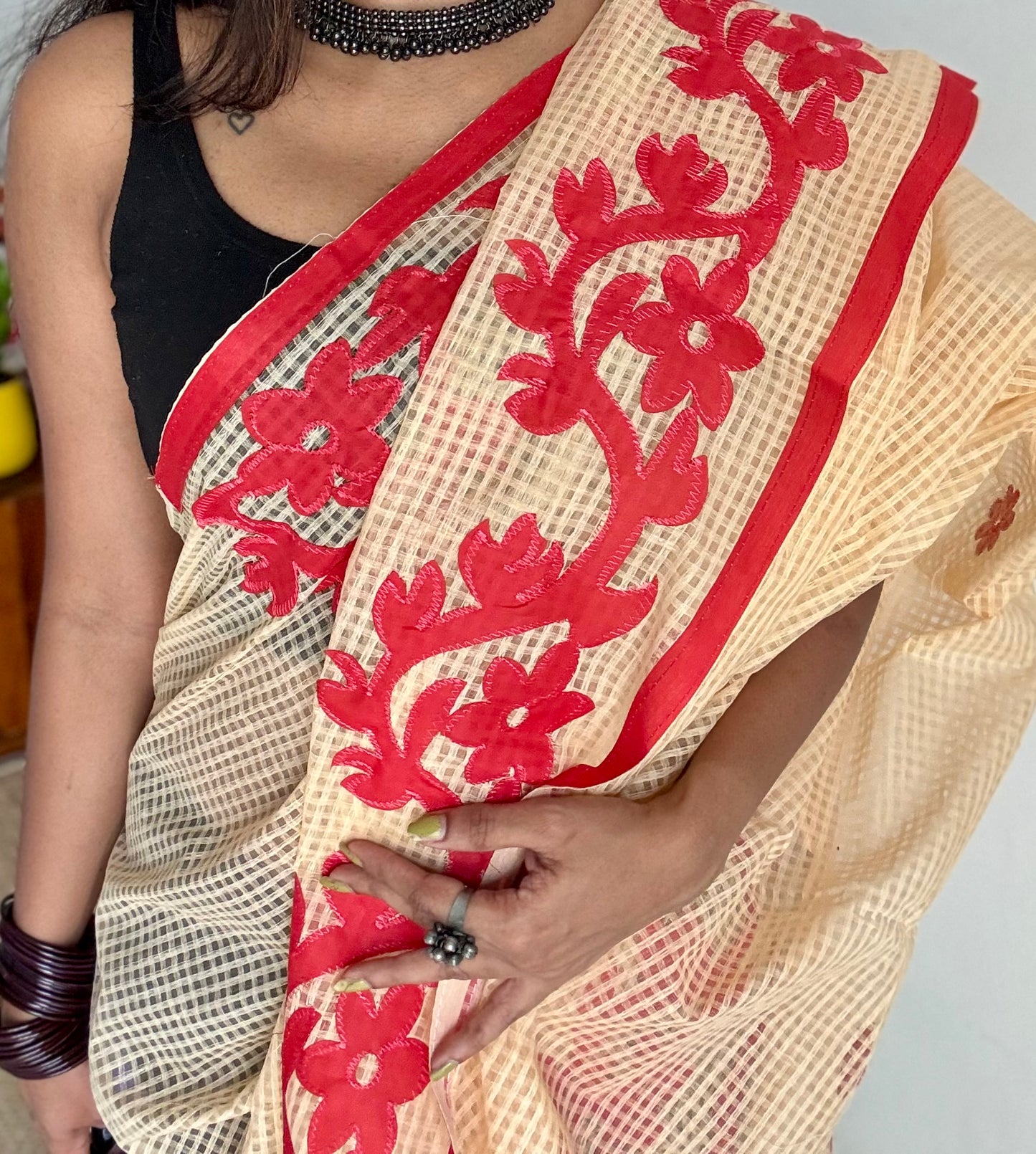 Rabdi Rose - cream kota saree with red floral cut work - YCTORKDAP14