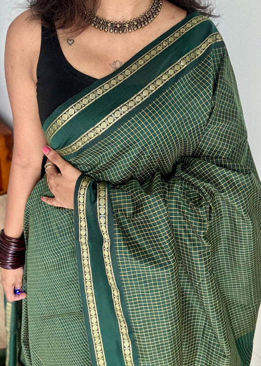 Dark green, arani checks, cotton silk - YCCOTNJUAR08