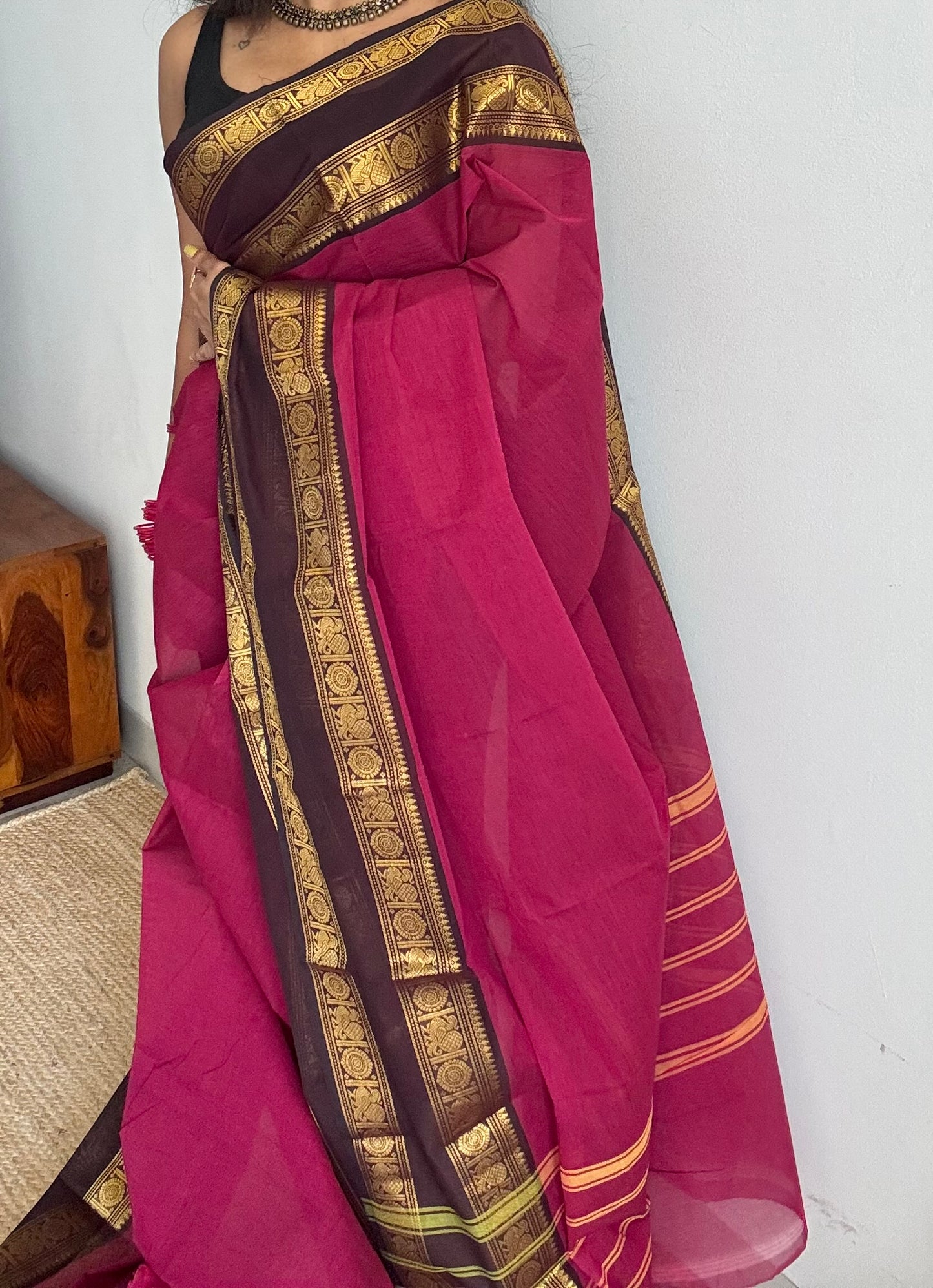 Dark pink with dark brown Chettinad cotton saree with rettaipettu peacock border - YCCOTNCCFE157