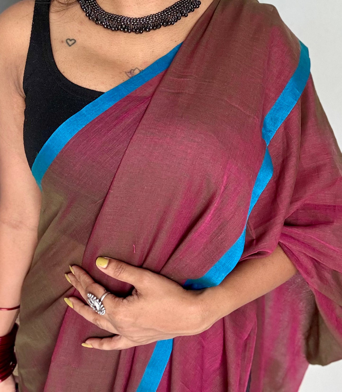 Terracotta brown with pink double shade and a persian blue border mul cotton saree - YCBCMCFE230