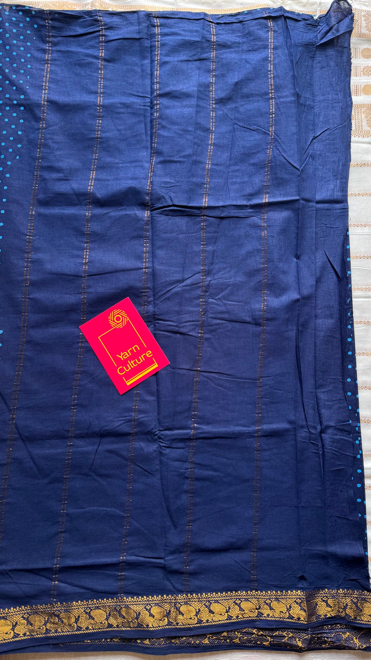Dark blue sungudi dotted, single-side border, kattuchayam dyed madurai cotton saree - YCCOTNMSSE08