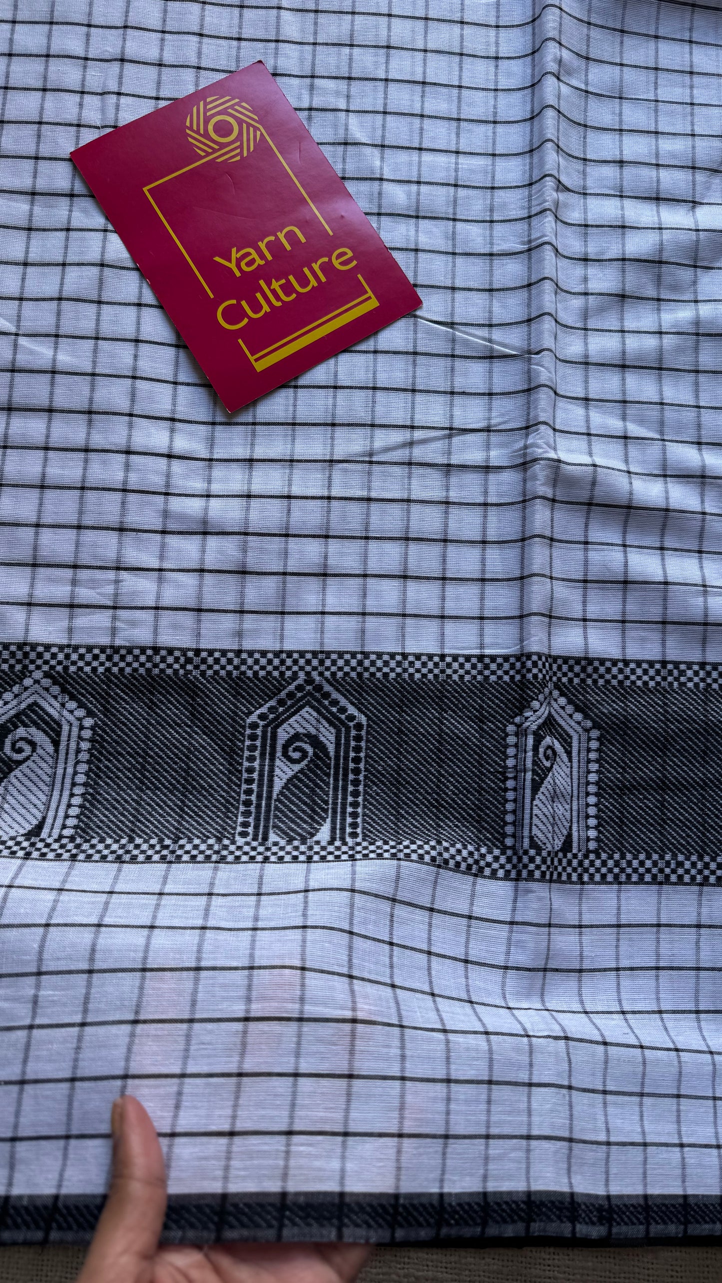 Dhonekhali handloom soft cotton saree, black and white checks, black thread motif worked border - YCBCDFE265