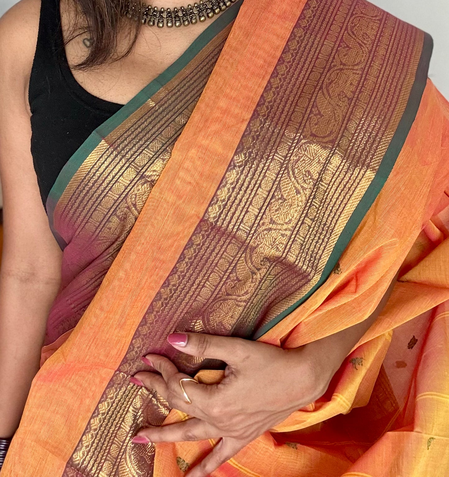 Kanchi cotton saree, light orange with green zari border - YCCOTNAP80