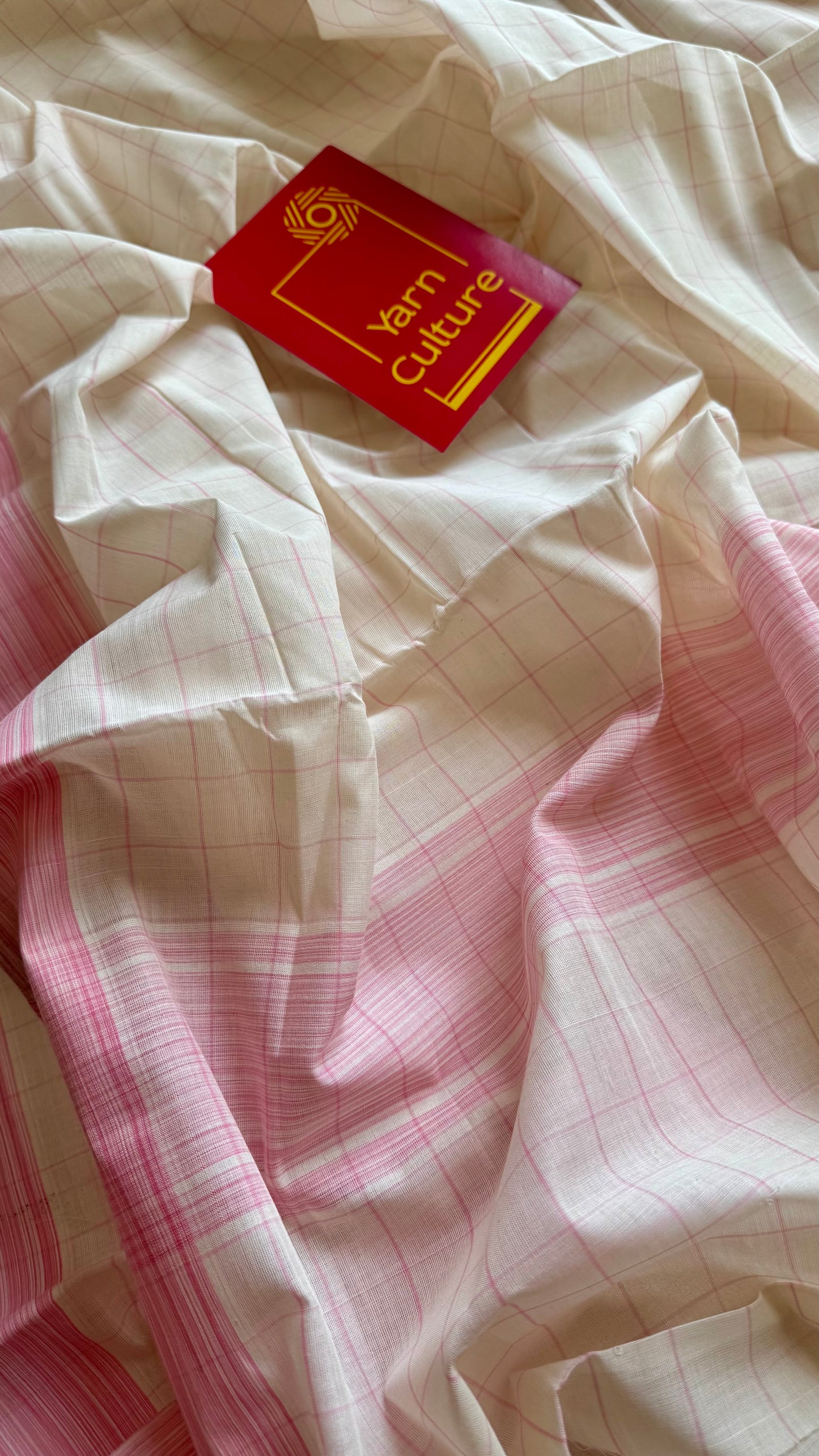 Handloom, woven in Chendamangalam Looms, ivory with pink checks, soft cotton saree - YCIEON150