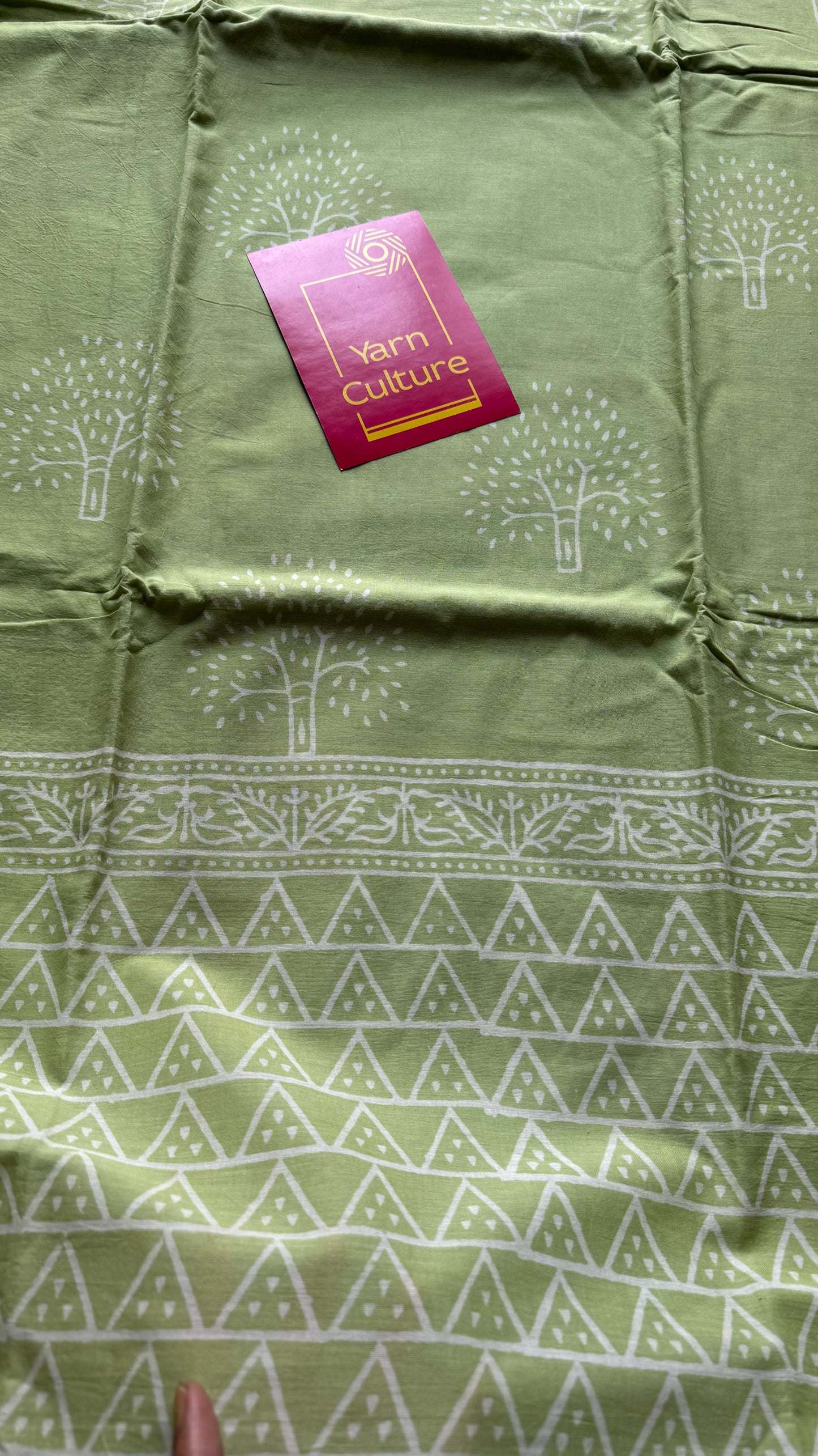 Pista green with off white tree motifs, block printed soft cotton saree - YCTORCMA19