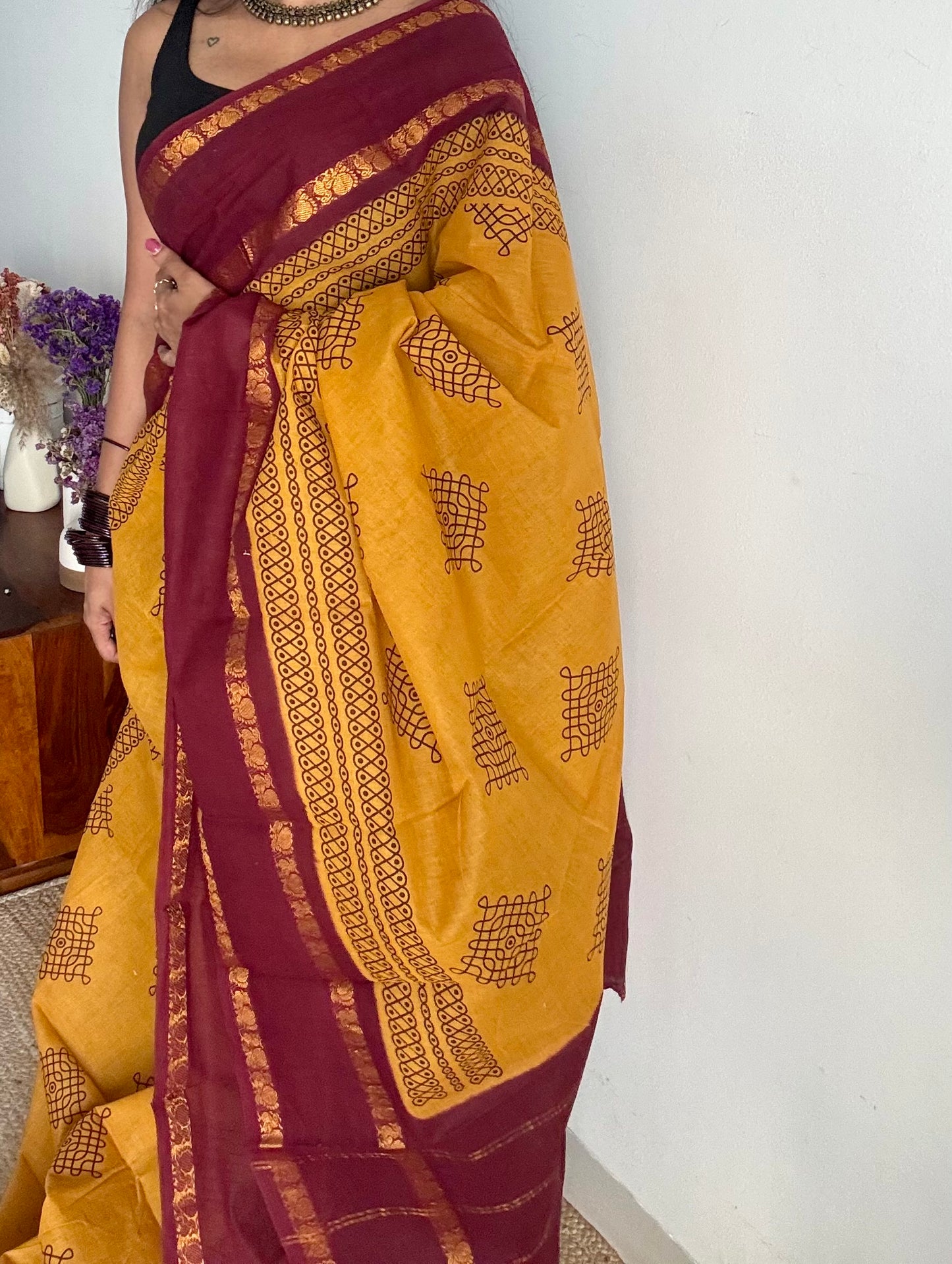 Turmeric yellow with maroon, kolam print, rettaipettu peacock double border, madurai soft cotton - YCCOTNMSAP202