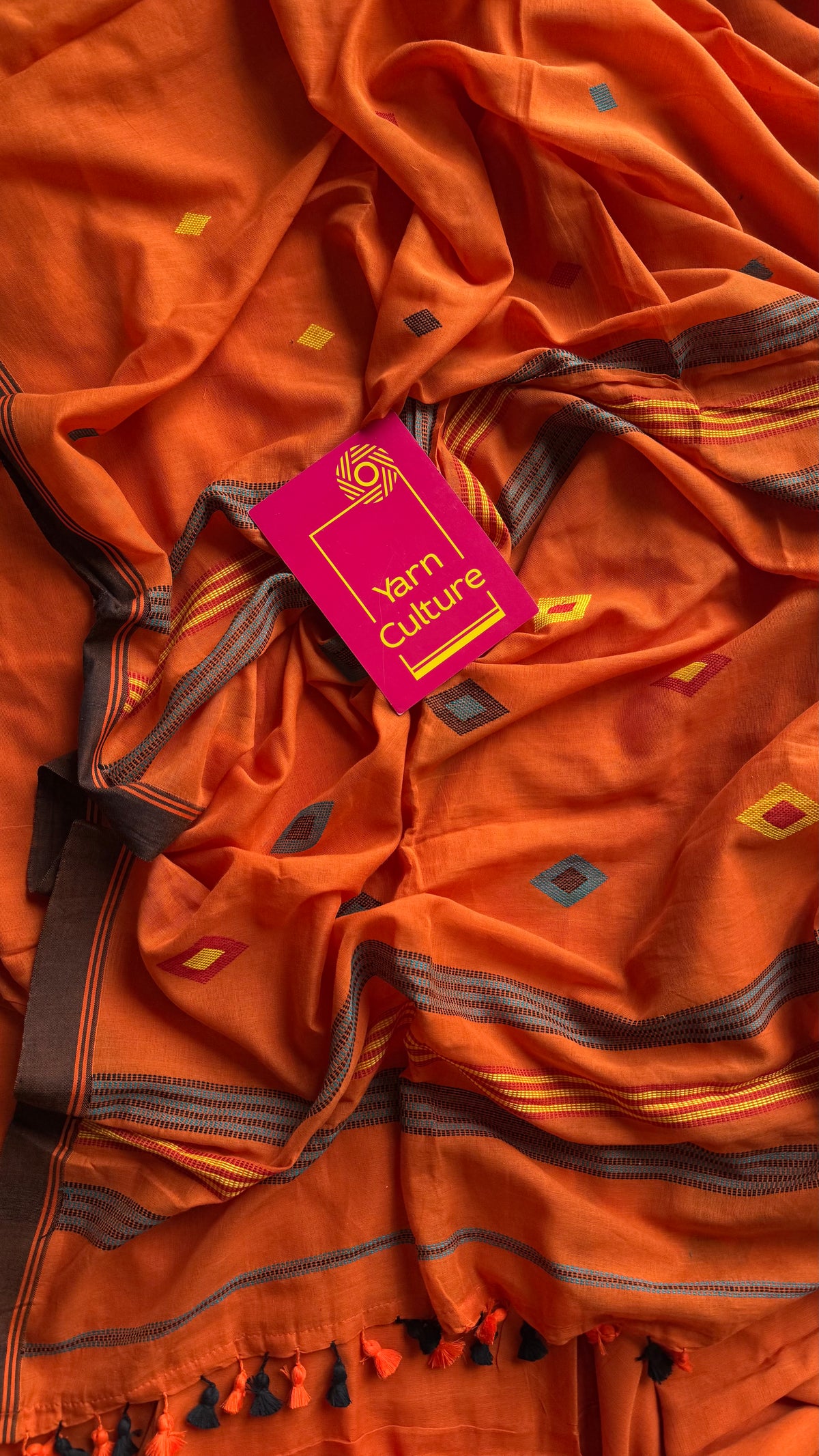 Handloom Bengal soft cotton saree, orange with woven buttas and brown borders - YCBCMCSE36