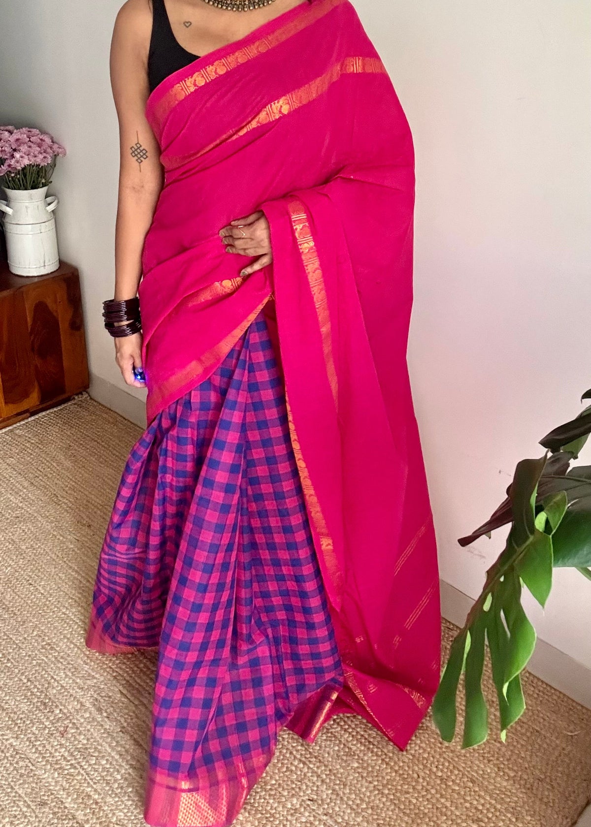 Hot pink with multicoloured checks, sungudi and chettinad cotton half and half saree - YCCOTNIDOC147